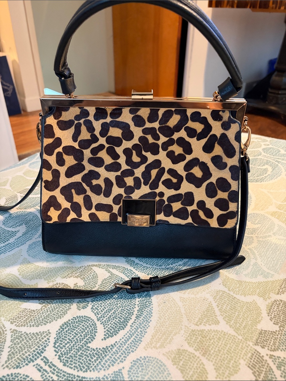 Leopard Print Top-Handle Satchel in Black and Tan
Dune London